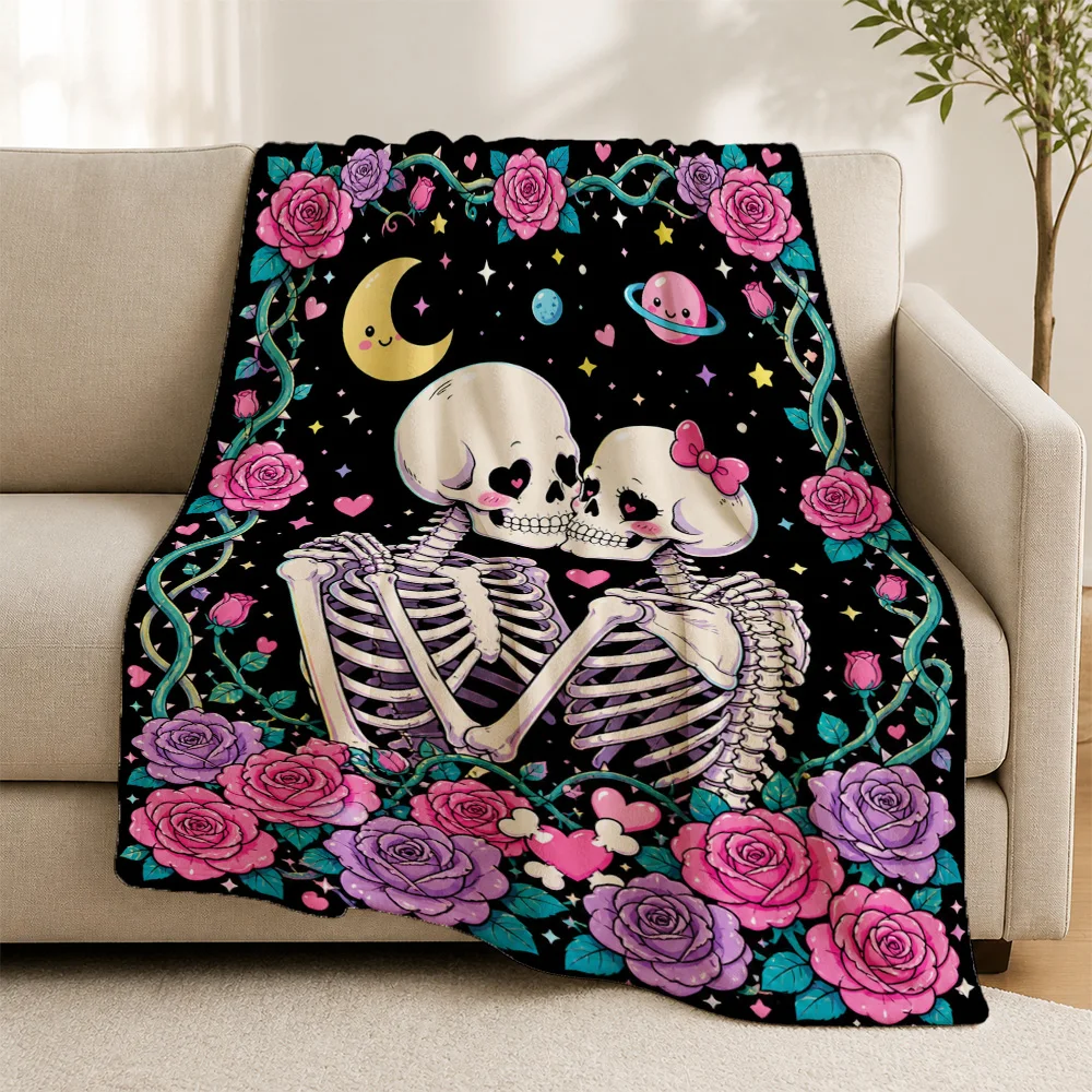 Decorative Skeleton Couple Throw Blanket Gothic Romance Floral Roses Night Sky Space Kawaii Halloween Cozy Sofa Throw Couch Cove