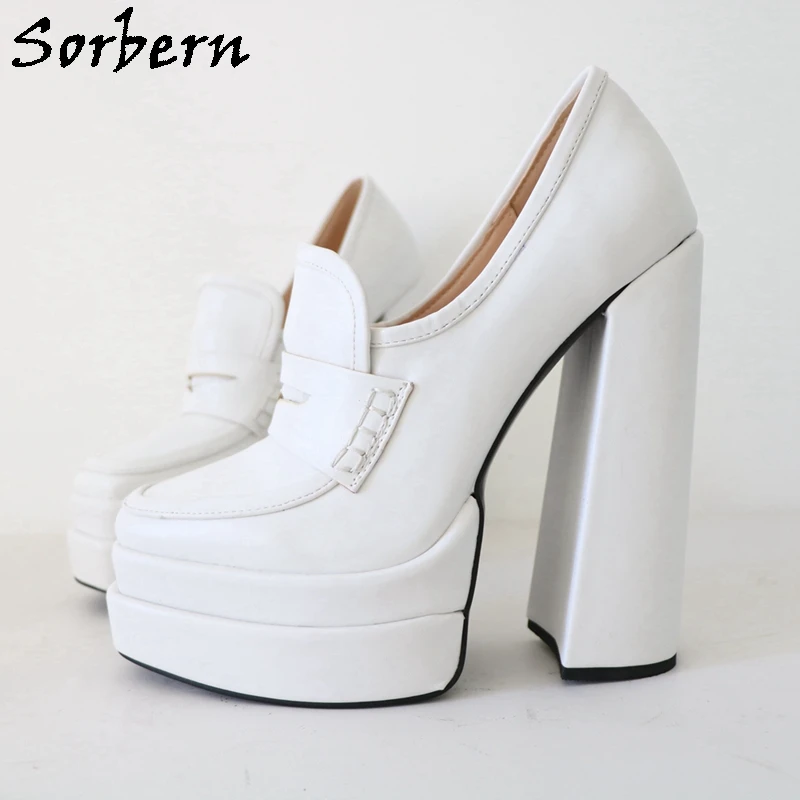Sorbern White Matt Women Pump Shoes Slip On Square Toes Thick Platform Shoes 17Cm Block High Heels Chunky Heeled  Custom Colors