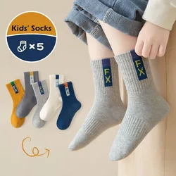 5 Pairs Children's Socks Spring Mid-calf Cotton Socks Kids Boys Sporty Socks Crew Sock