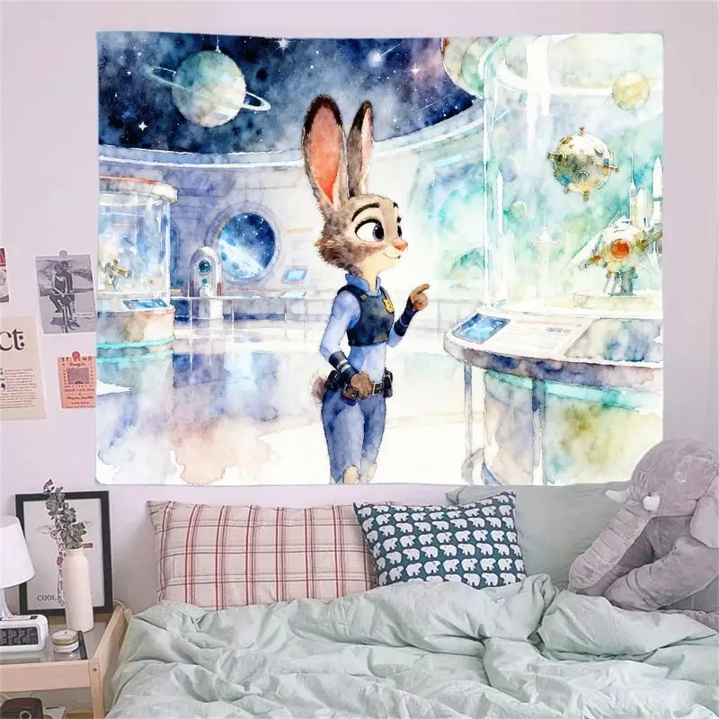 1PC ズートピア ジュディ・ホップス 水彩画 宇宙観測所 タペストリー ウォールアート、モダンなバニー警察官の寝室の装飾ギフト。
