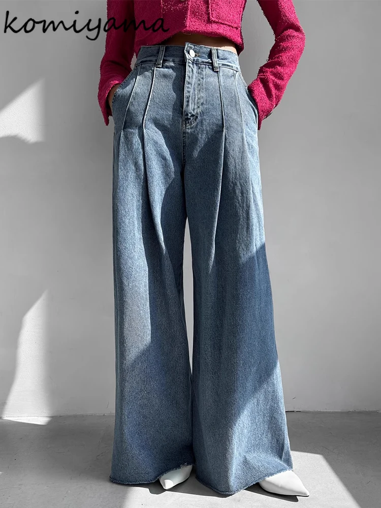 Korean Chic Pleated Jeans Wide Leg Pantalones Mujer Women Denim Pants High Waist Ropa Mujer Spring 2025 New Women Clothing