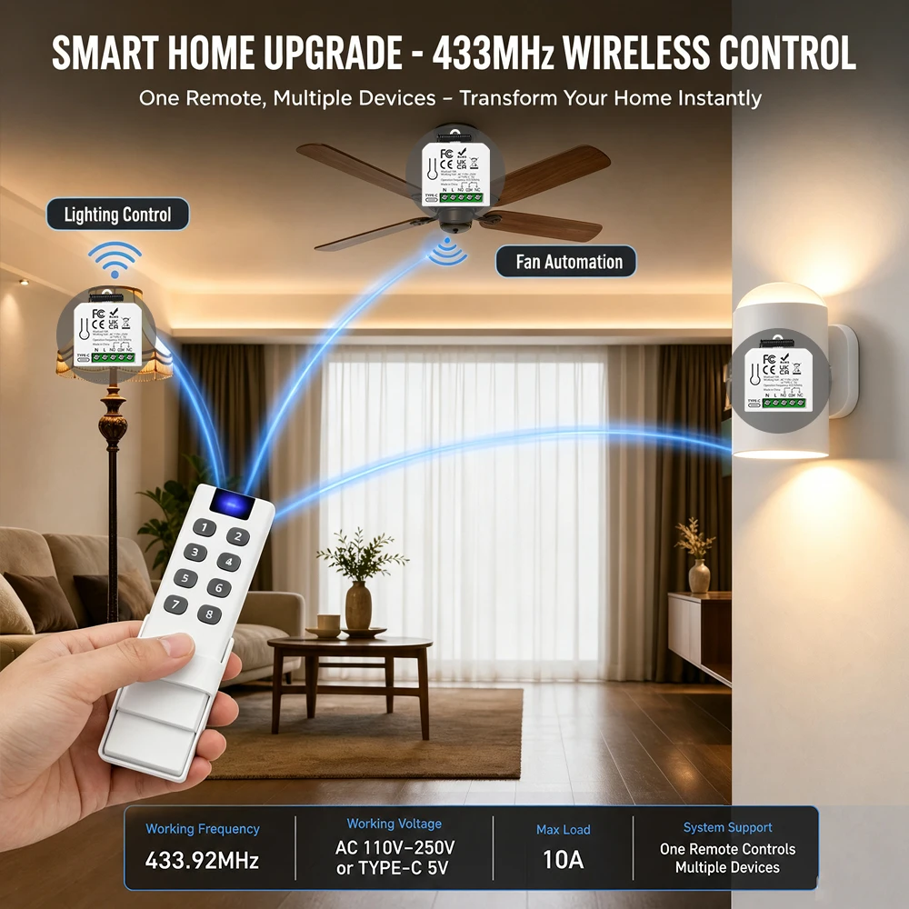 433MHz RF Wireless Remote Control Switch Type-C 5V/AC220V Relay Receiver with Remote Transmitte for LED Lights Bulb Gate Lamp