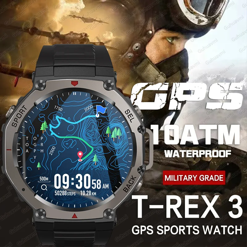 

T-Rex 3 Ultra GPS Смарт-часы 10 АТМ Водонепроницаемые Встроенный двухдиапазонный GNSS Компас Военные часы для плавания на открытом воздухе Спортивные часы для вызова Мужчины