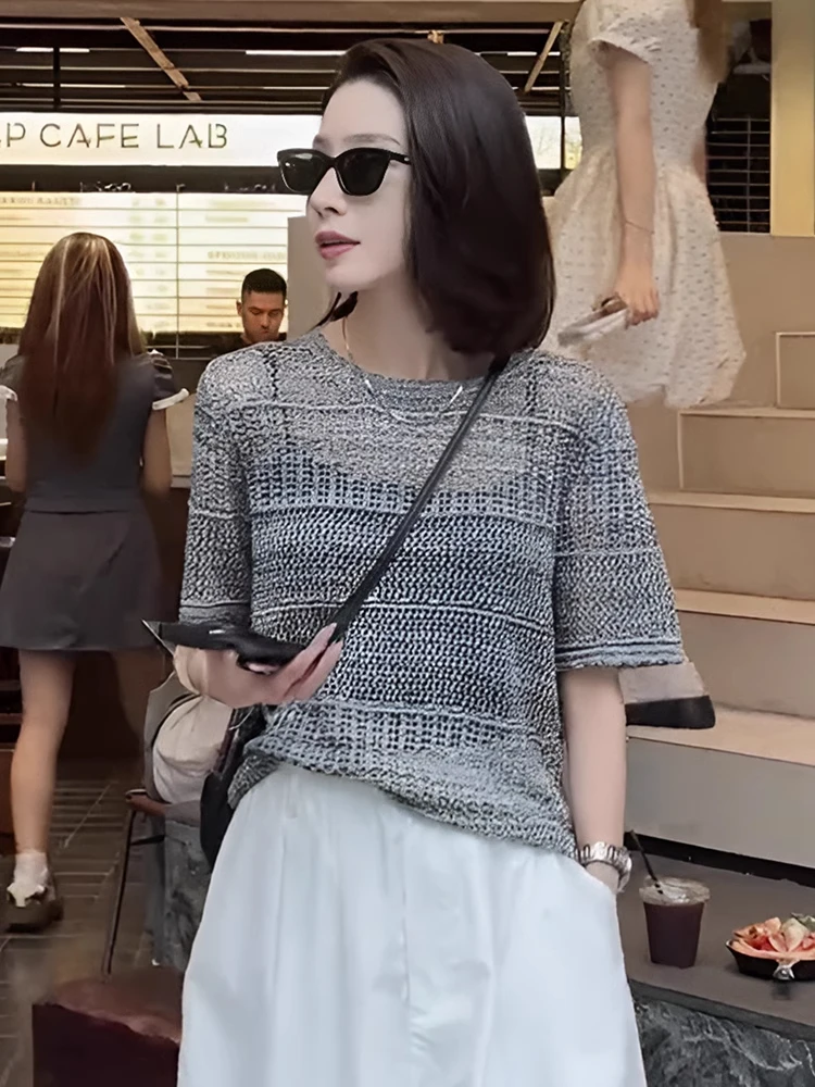 

Модный ажурный тонкий вязаный топ из ледяного шелка для женщин, летний, в корейском стиле, свободного кроя, с коротким рукавом, круглым вырезом, пуловер