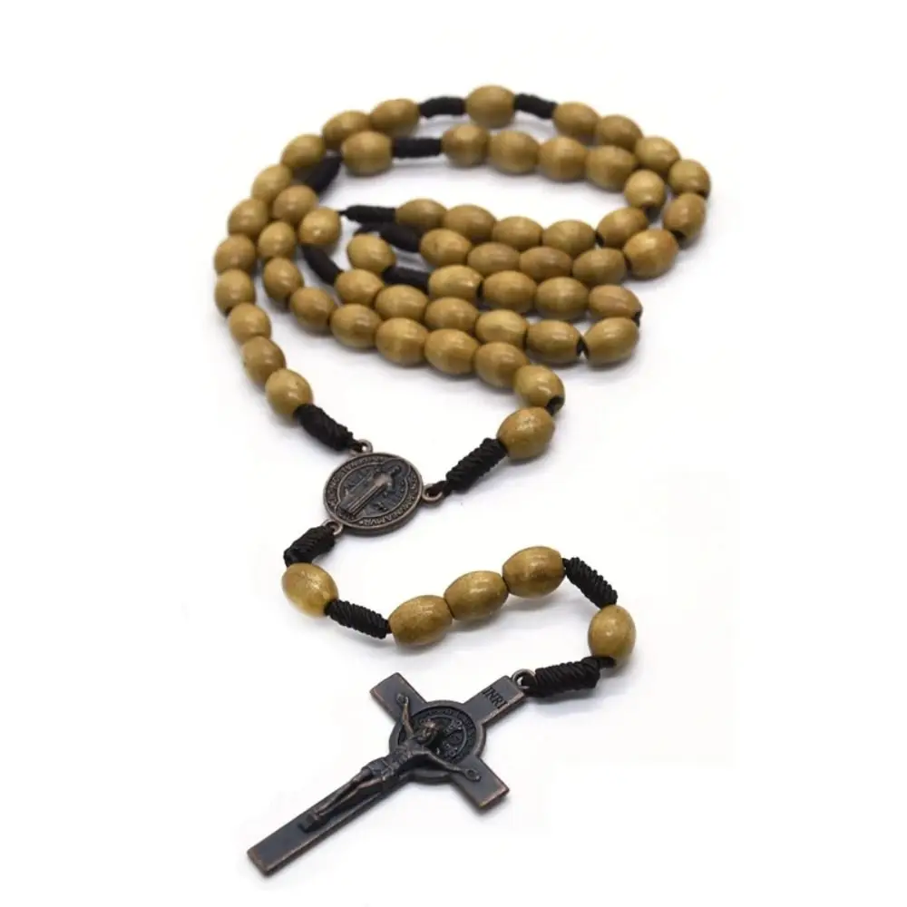 Handmade Rosary Necklace Religious Wood Beads Necklace Durable Catholic Crucifix Pendant Chain Church