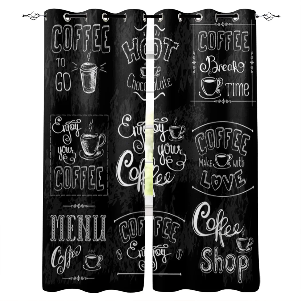 Coffee Text Graffiti Black Background Window Curtain for Living Room Bedroom Home Decor Kitchen for Window Drapes