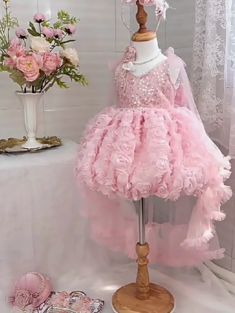 Elegant Dress For Girl Pink Kids Girls Host Dresses Birthday Flower Train Gown Costumes Luxury Princess Children Party Outfits