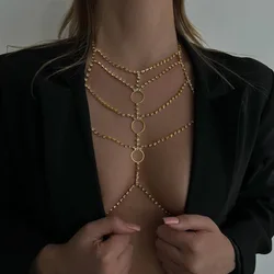 Fashionable multi-layer circular connection sexy rhinestone chest chain nightclub charm women's body chain jewelry