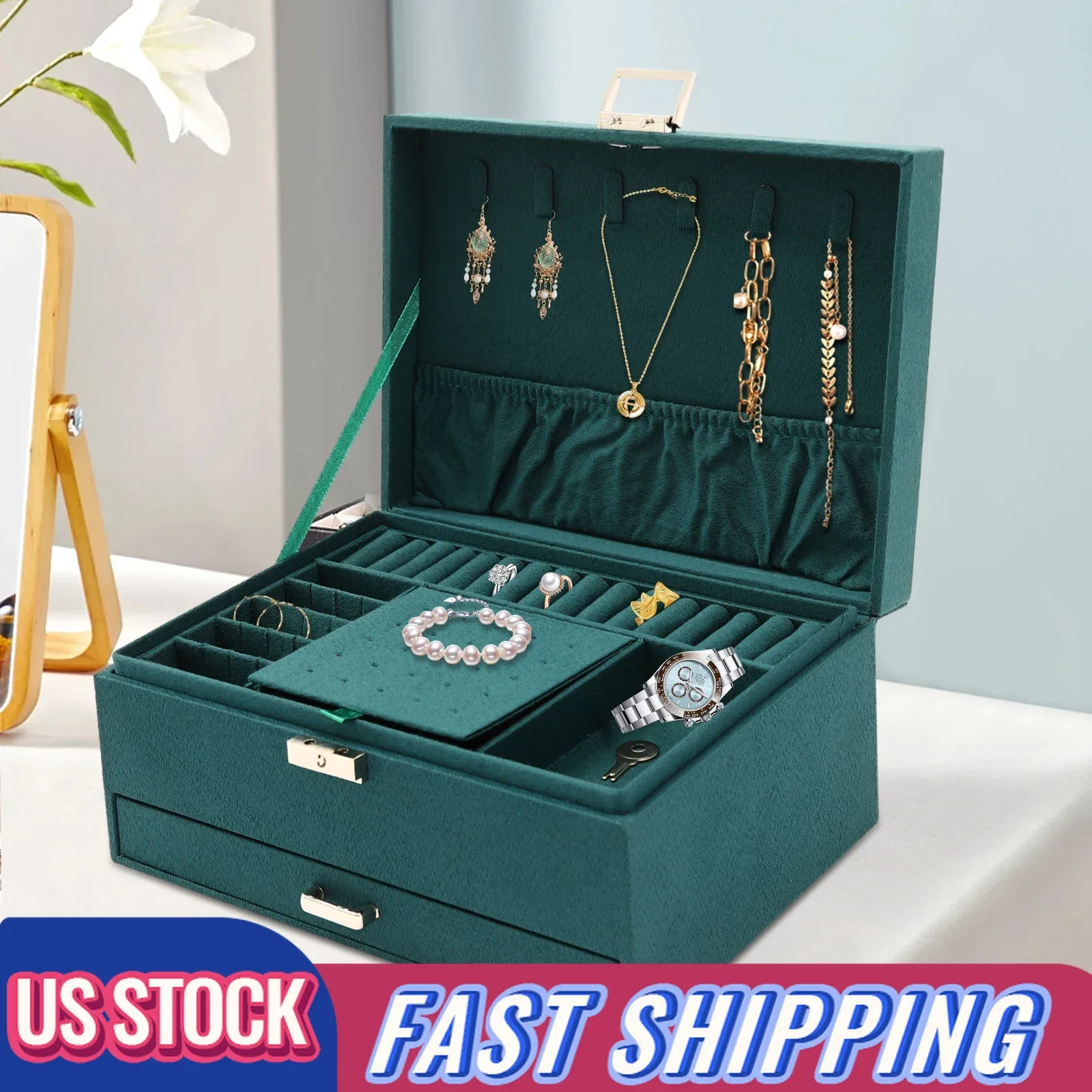 

3-Tier Jewelry Organizer Dark Green Drawer Case for Vanity Table - Compact 17x24cm Storage Box, 1.1kg Lightweight Design