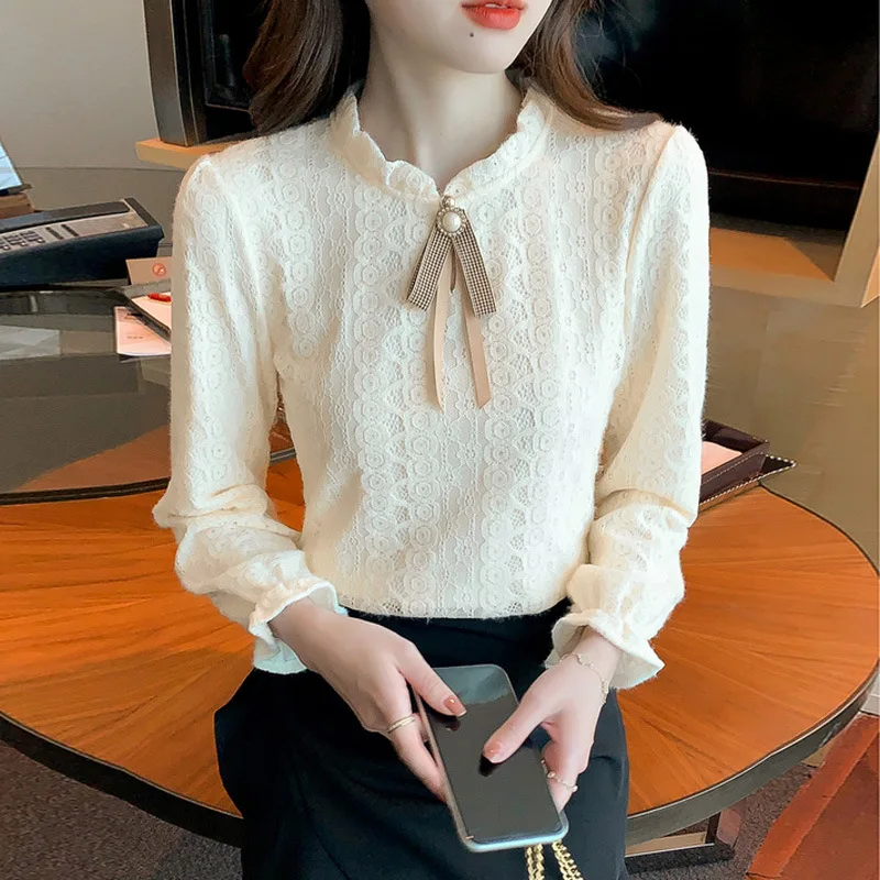 

Women's Fce Lined Lace Base irt f High Collar Inner Wear Faionable Design Winter 2023 New Sle Polyester Long Sve