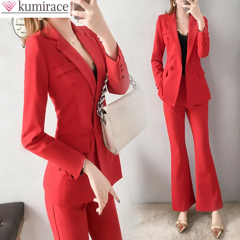 

2023 Korean Popular Spring New Style Red Dress Set Fashion Women Casual Suit Jacket Wide Leg Pants Two Piece Office Set