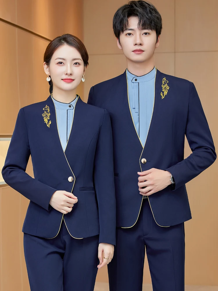 

Chinese Style Hotel Front Desk Work Suit Men's Professional Ensemble Restaurant Server Air Stewardess Autumn Fashion Polyester