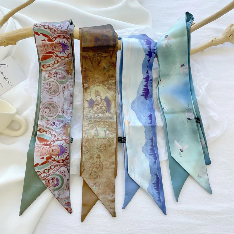 

Women Narrow short Scarf 85x6cm Print Pattern Chiffon Silk Rubber Black Bag Ribbon Headbands Choker Streamer Lady Accessories