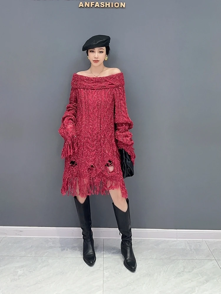 Vefadisa 2024 Fall New Red Women Sweater Dress Slash Neck Long Sleeve Knitted Patchwork Fringe Fashion All-match Dress ZXY983A