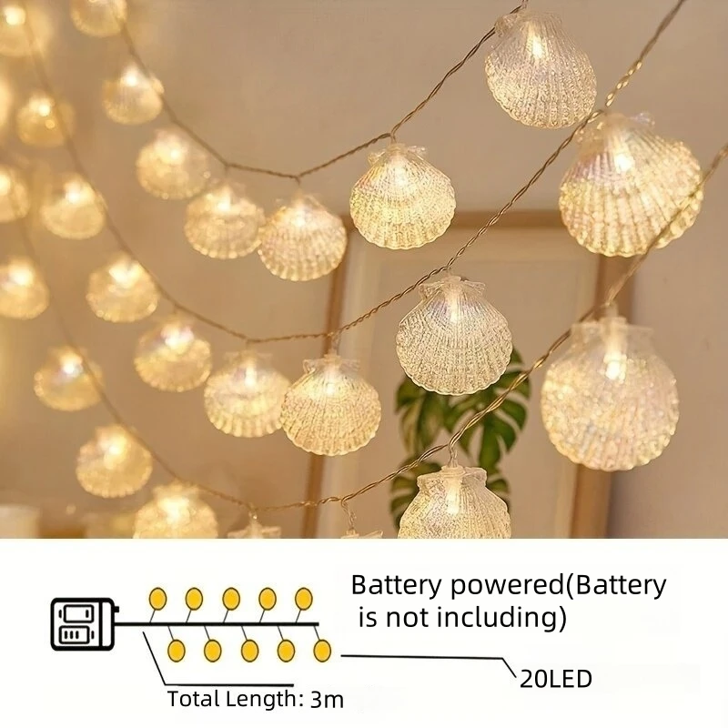 1PC 20LEDs Atmosphere Shell String Lights Battery Powered Fairy Lights Romantic Decorative Lamps For Room Wedding Party Camping