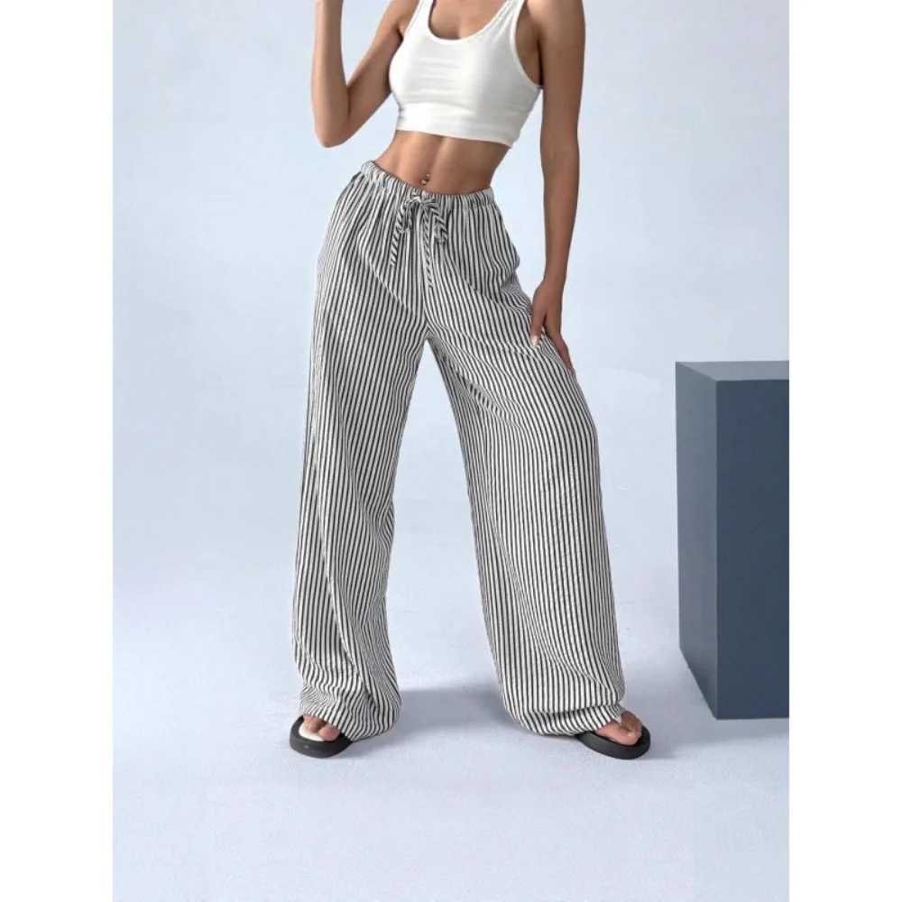 Women Striped Loose Straight Leg Pants High Waist Elastic Breathable Flattering Casual Daily Streetwear Comfy