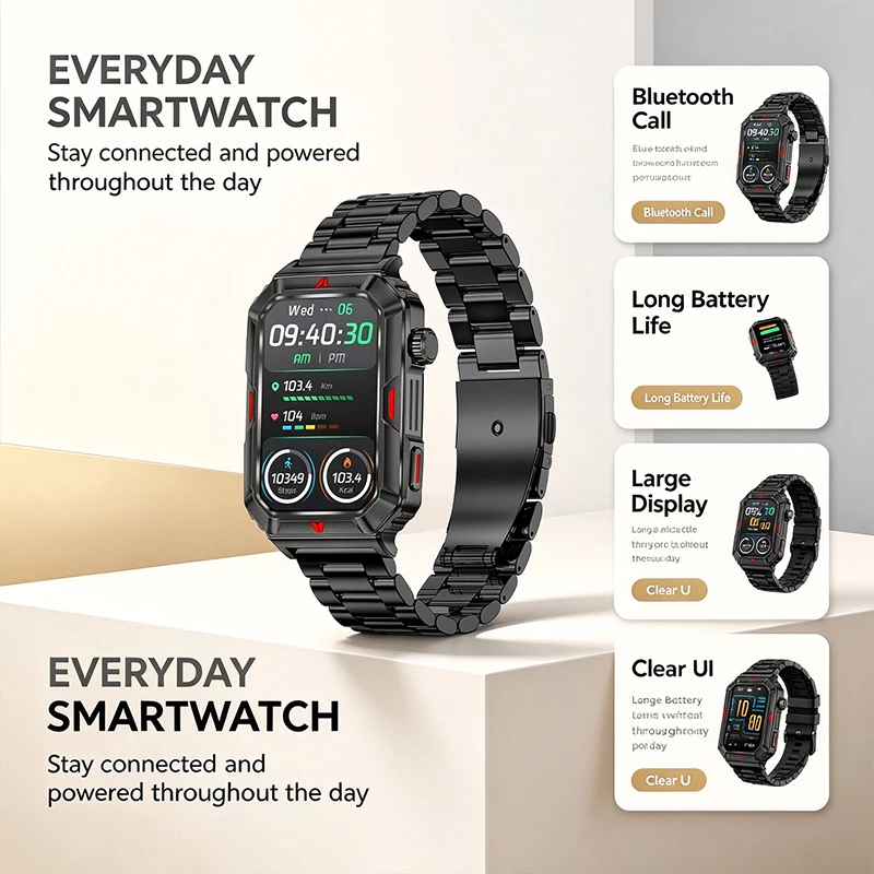 Men Military Smart Watch Bluetooth Call 1.57'' Square Screen Heart Rate Sleep Monitor Watch Fitness Tracker Sport Smartwatch