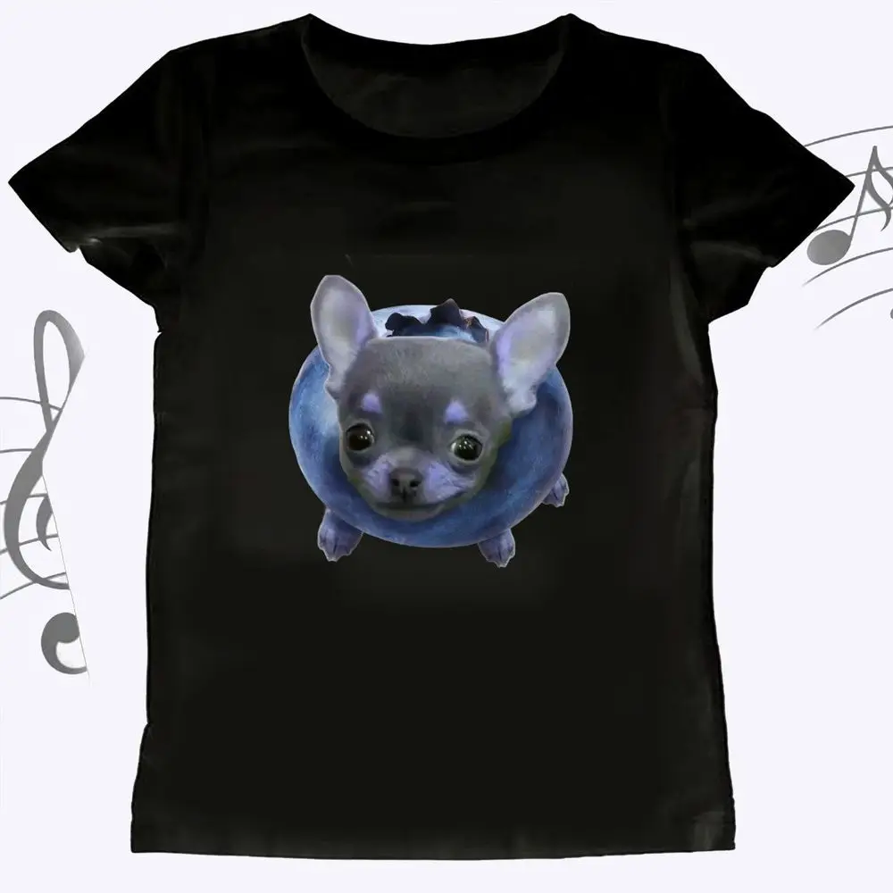 Chihuahua Blueberry Graphic Tee Women's Dopamine Bright Color T-shirts Summer Short Sleeve Funny Meme Print Vintage Female Tops