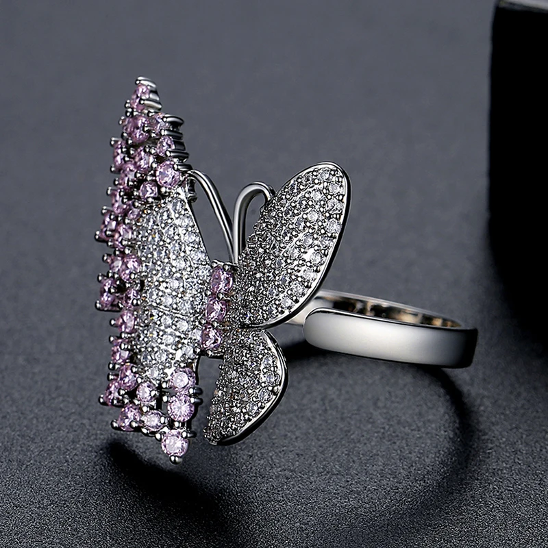 LUOTEEMI Pink Butterfly Adjustable Medium Size Sweet Ring for Girls Shine Cubic Zirconia Cute Party Birthday Gifts Wedding Ring