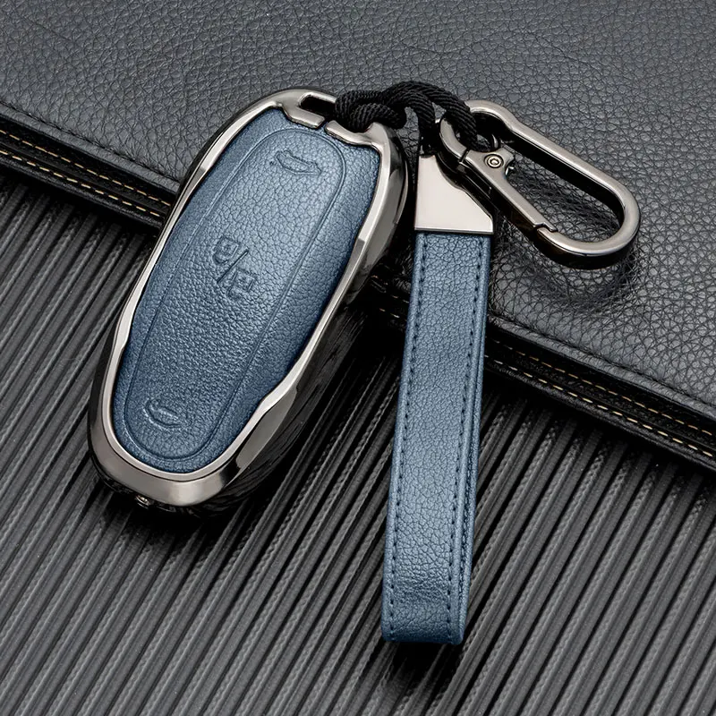 Zine Alloy Leather Car Key Case for Tesla Key Fob Cover Model 3 X Y Remote Smart Shell Holder Protecter Keychian Waterproof Auto