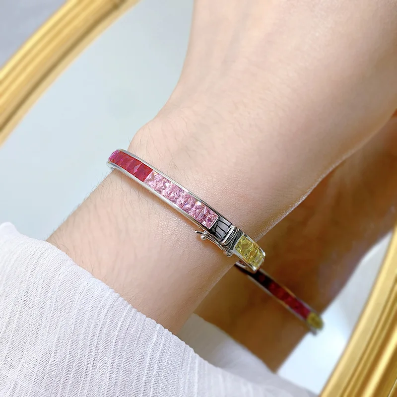 European and American Fashion New Product S925 Silver Borderless Inlaid Colorful Diamond Bracelet Rainbow Candy Full Diamond Bra