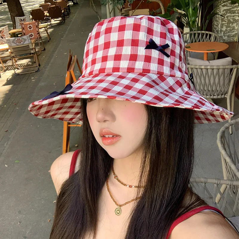 

Korean Version of Sweet Bow Plaid Bucket Hat Women's Summer Thin Large Brim Outdoor Shading Vacation Foldable Sun Cap