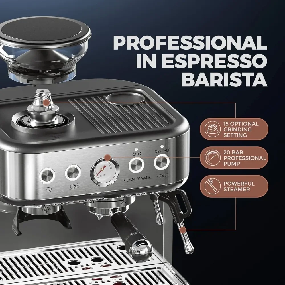 Macchina per caffè espresso Pompa ad alta pressione per cappuccino da 20 bar con macinacaffè Barista/schiuma per latte in acciaio inossidabile