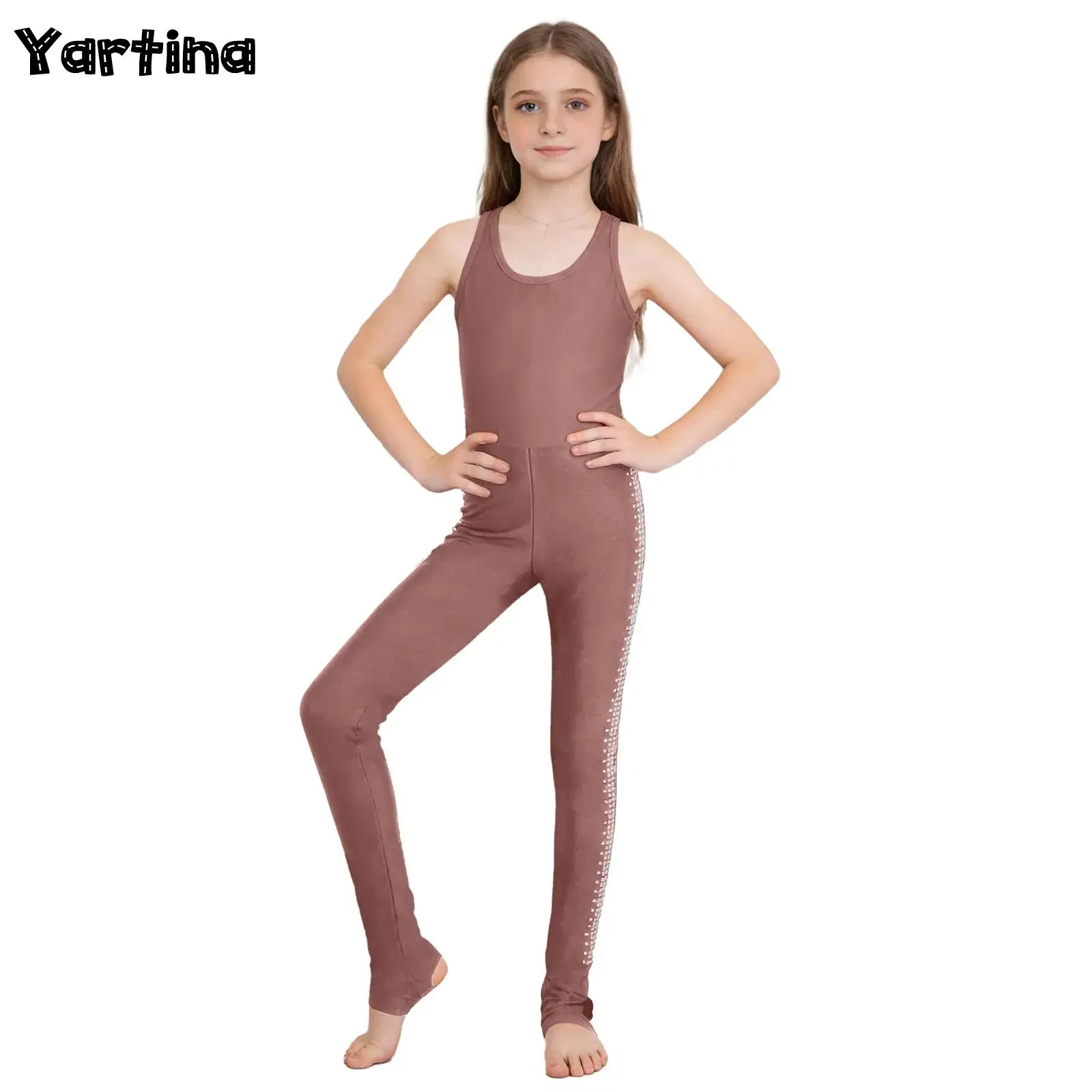 

Детский гимнастический купальник для девочек, балетный комбинезон с U-образным вырезом, блестящие стразы, боди с подпоянными штанинами, костюм для выступлений