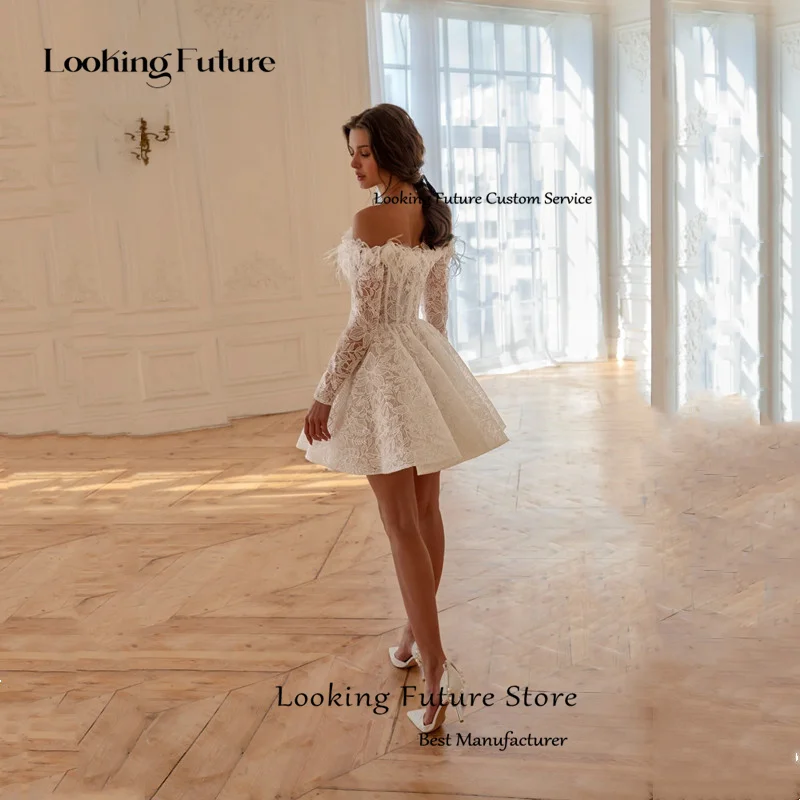 Modern Lace Appliques Mini Wedding Dress A-Line Sexy Strapless Pleat Feathers Off The Shoulder Vintage Backless 2026 Short Gowns