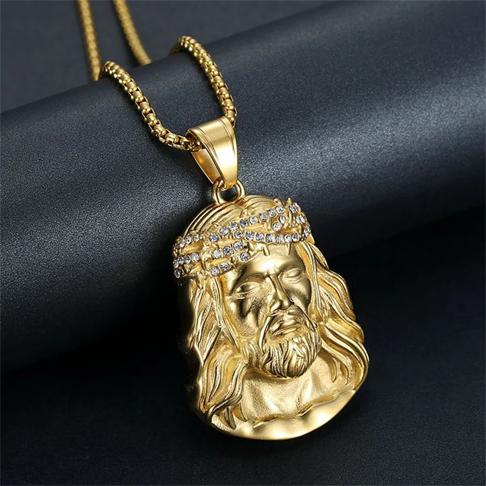 Religious Iced Out Big Jesus Head Pendnat Male Gold Color Stainless Steel Christian Necklace For Men Fashion Party Jewelry Gift