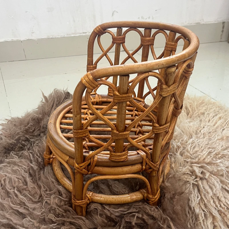 Móveis para fotografia de bebês, cadeira redonda retrô de rattan, feita à mão, cesta de bebê, almofada de lã, estúdio fotográfico, adereços