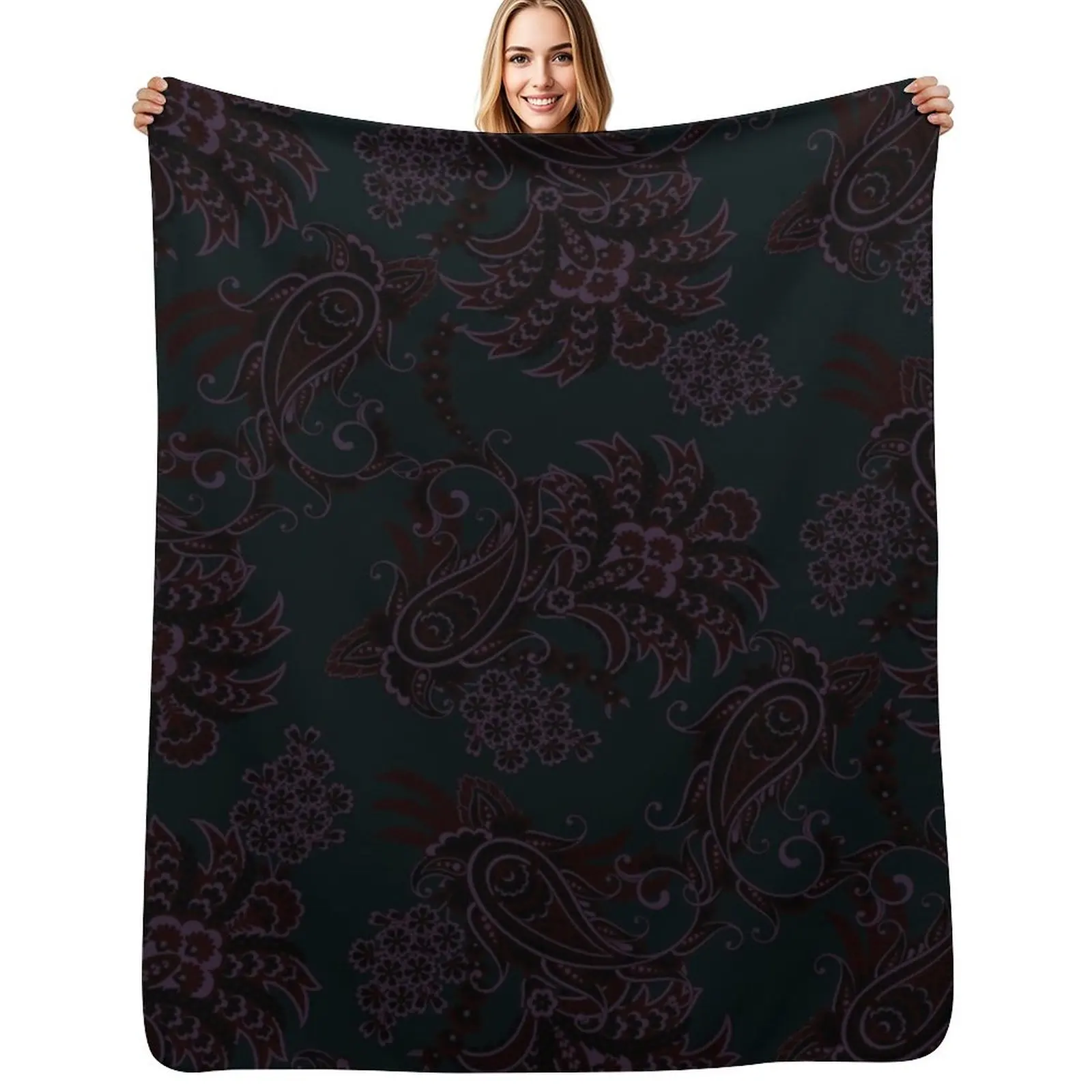 Paisley Print Meadows Dark Green Paisley Colors Throw Blanket Hairy Vintage heavy to sleep Flannels Plaid Blankets