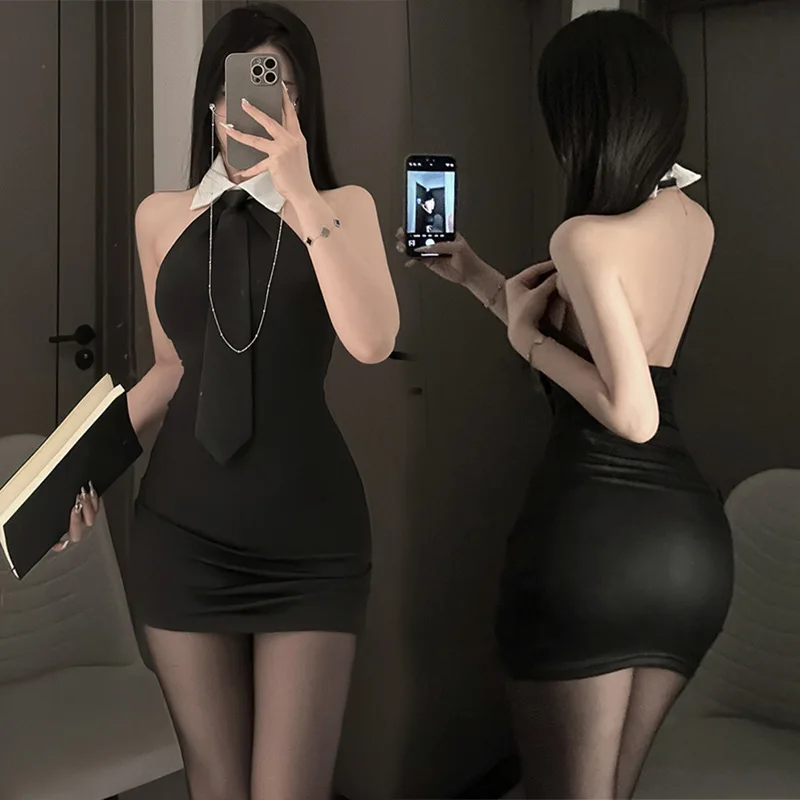 

Erotic French New French Style Sexy Lapel Backless Secretary Uniform Women Pure Desire Cinching Waist Slim Wrap Hip Short Dress