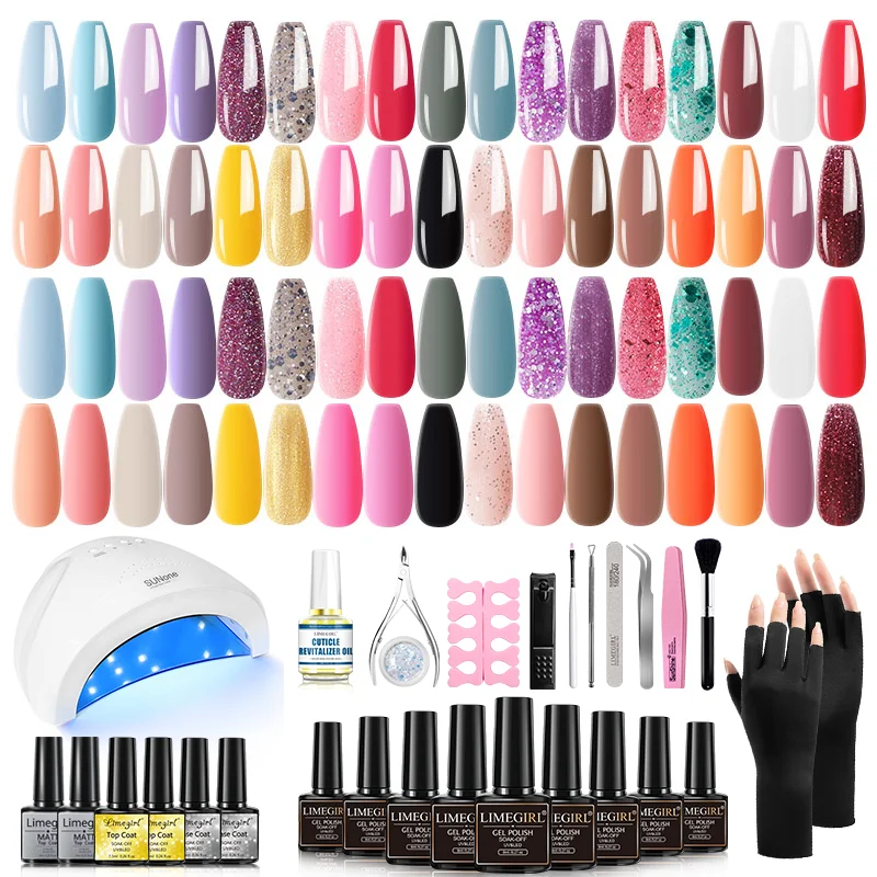 Limegirl — Gel Nail Polish Kit with 48W UV Lamp 53 Piece Gel Starter Kit 34 Color Gel Polish Kit with Sun Protection Glove Set