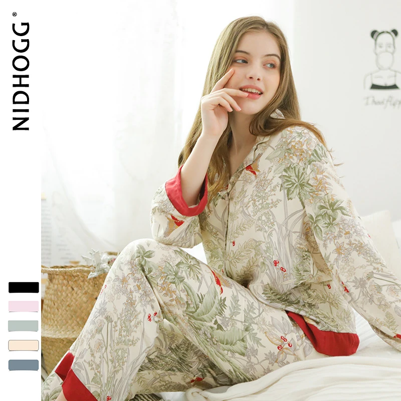 Spring New Casual Long Sleeve Satin Pajama Set Green Grass Printing Sleepwear Loungewear Women Turn-down Collar Pijama Mujer