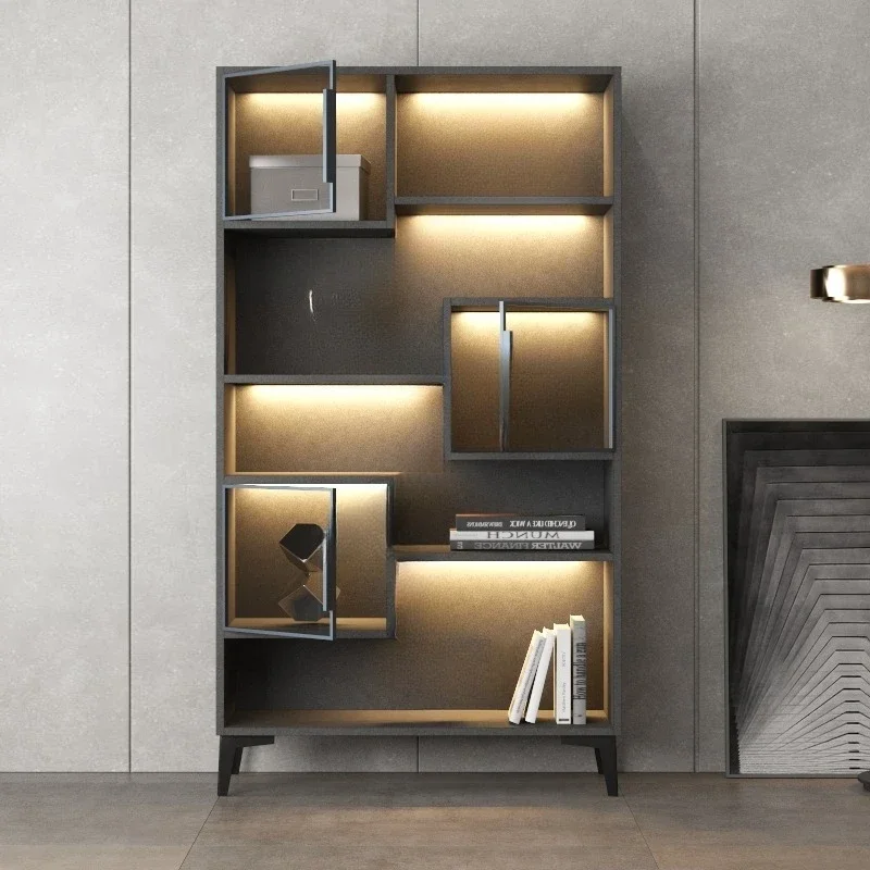 Glass door display cabinet Floor-to-ceiling figure Solid wood bookcase with lamp Glass Standing cabinet