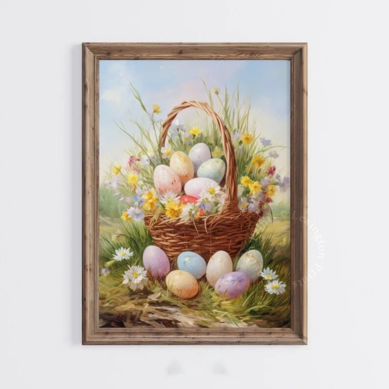 Cesta floral de Pascua, póster artístico de pared de Pascua, impresión de primavera, decoración de Pascua, decoración vintage de granja, impresión de huevos de Pascua