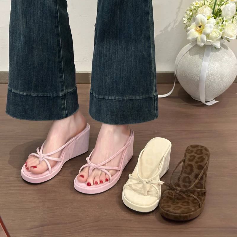 

Platform Wedges Heel Leopard Women's Slippers 2026 Summer Fashion Narrow Band Slides Ladies Comfort Vacation Flip Flop Shoes