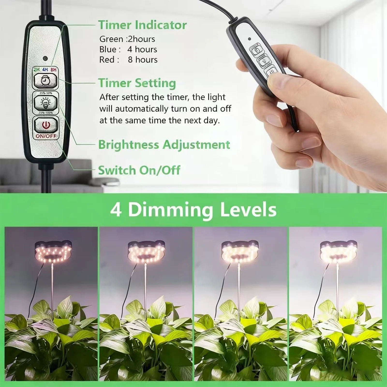 LED Full Spectrum Plant Light For Indoor Plants, Height Adjustable Grow Light With4 Dimmable Brightness, 2/4/8H On/Off Timer