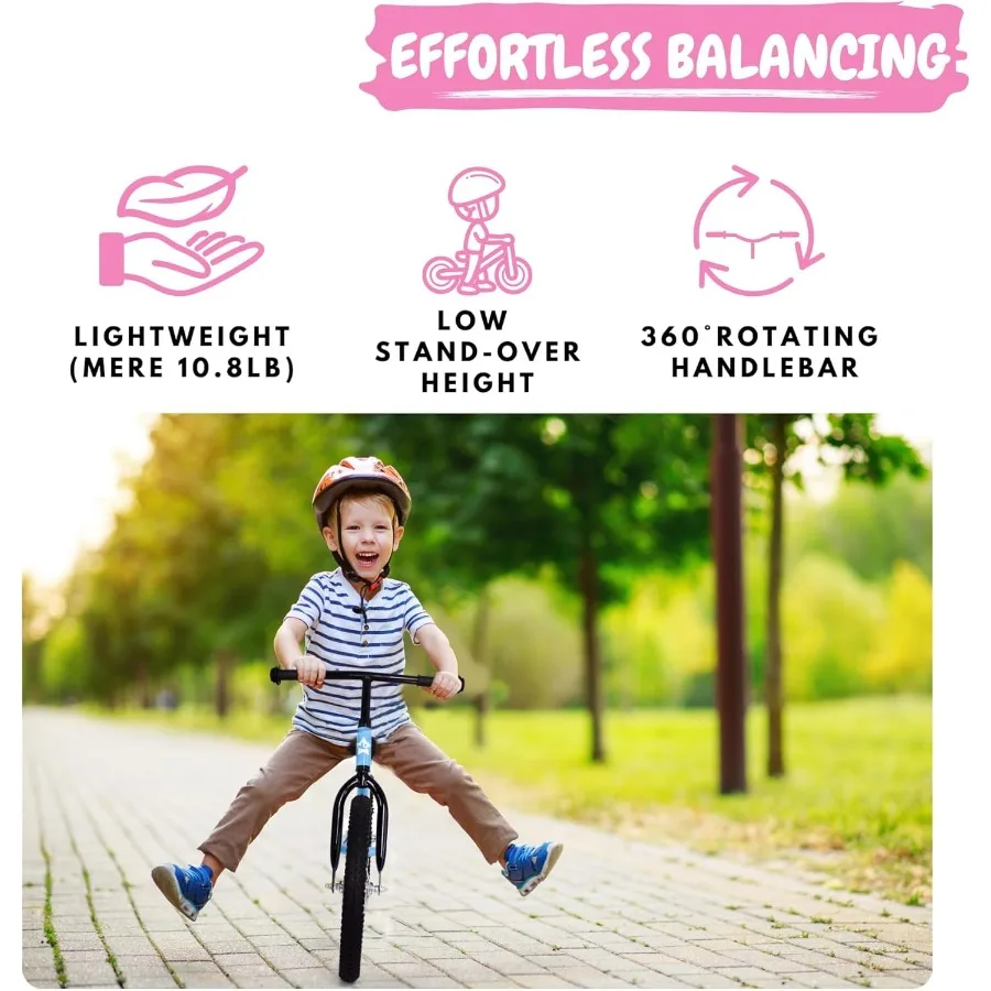 Bicicleta de equilíbrio de 16 polegadas para 5-8 anos, sem pedais, pneus de ar, apoio para os pés, altura ajustável para meninos e meninas grandes