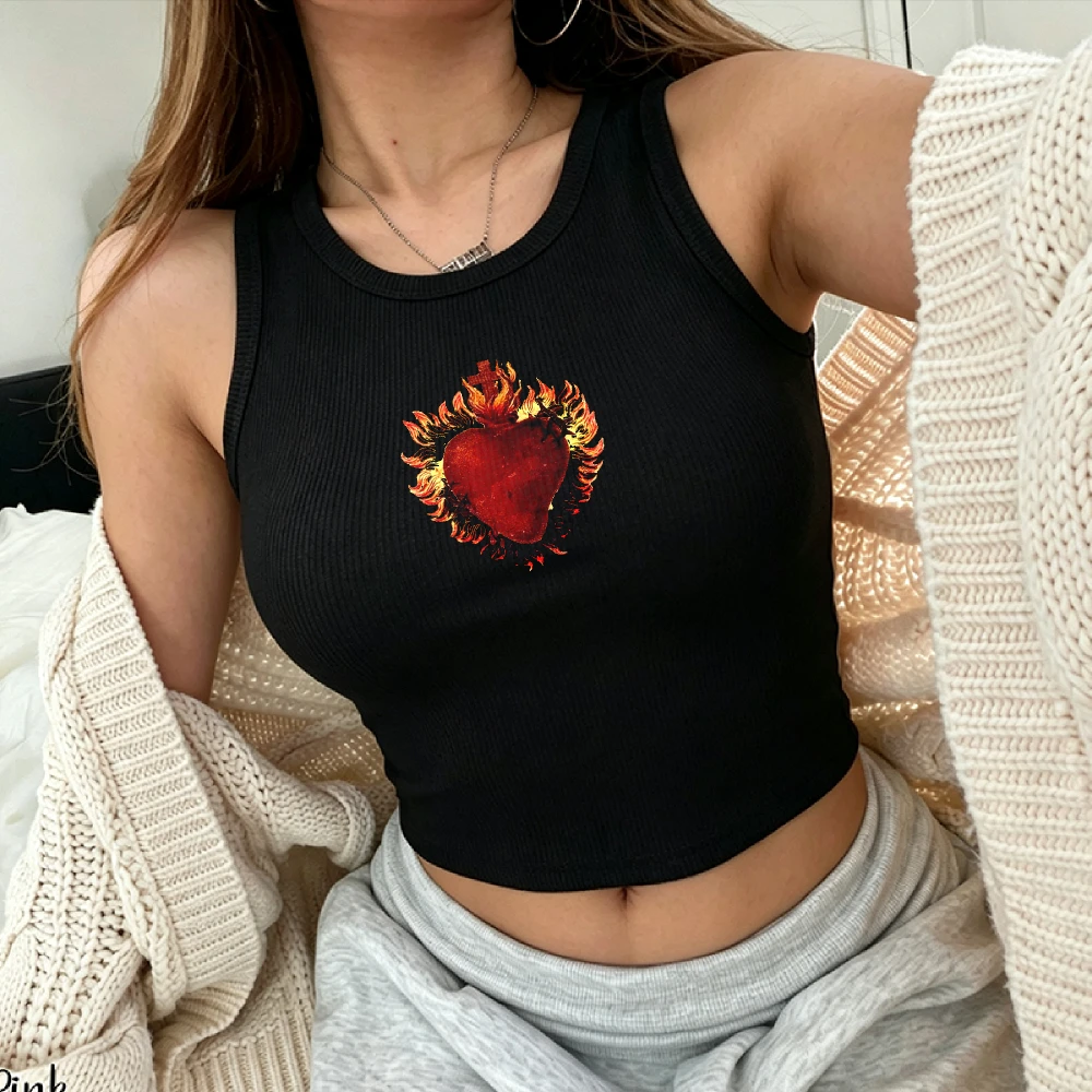 Watercolor Burning Sacred Heart Print Crop Camisole Dark Academia Y2k Top Fitted Ribbed Tank Top Female Sleeveless Cropped Vest