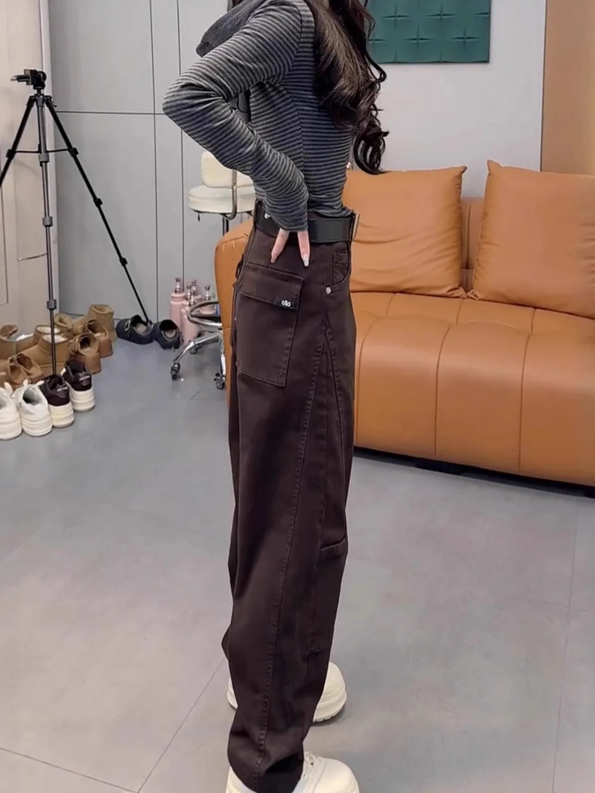 

plus Size Fleece Lined Wide Leg Jeans Women's Bootcut Trousers Coffee Color Straight Casual High Waist Jeans for Ladies