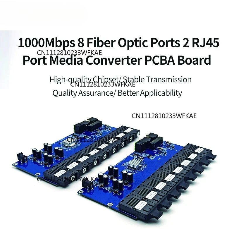 Single Mode Fiber Optic Convertor, PCBA Board, 8 Fiber Optic Ports, 2 RJ45 Port, 0-20KM, 1310/1550