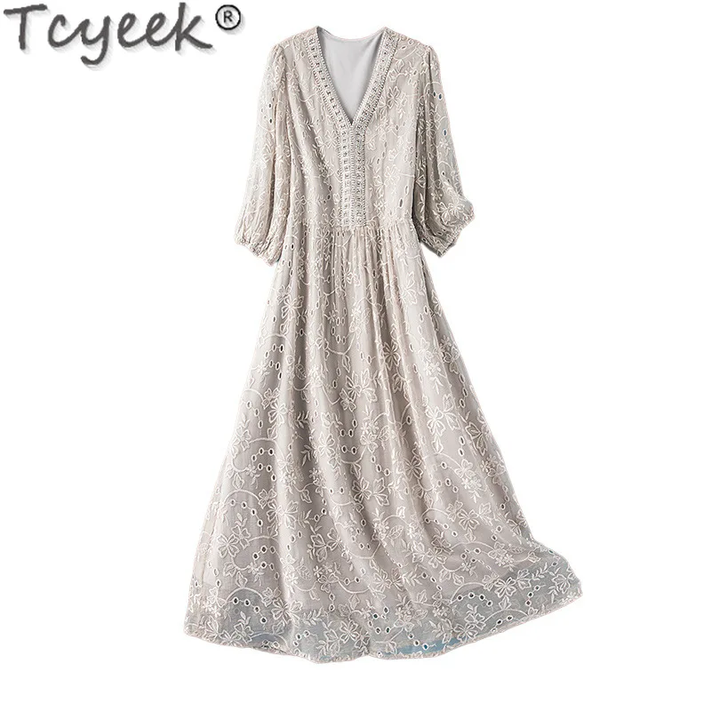 Tcyeek-女性のための100% 本物のマルベリーシルクドレス,婦人服,ヴィンテージドレス,シックでエレガント,刺embroidery,2024