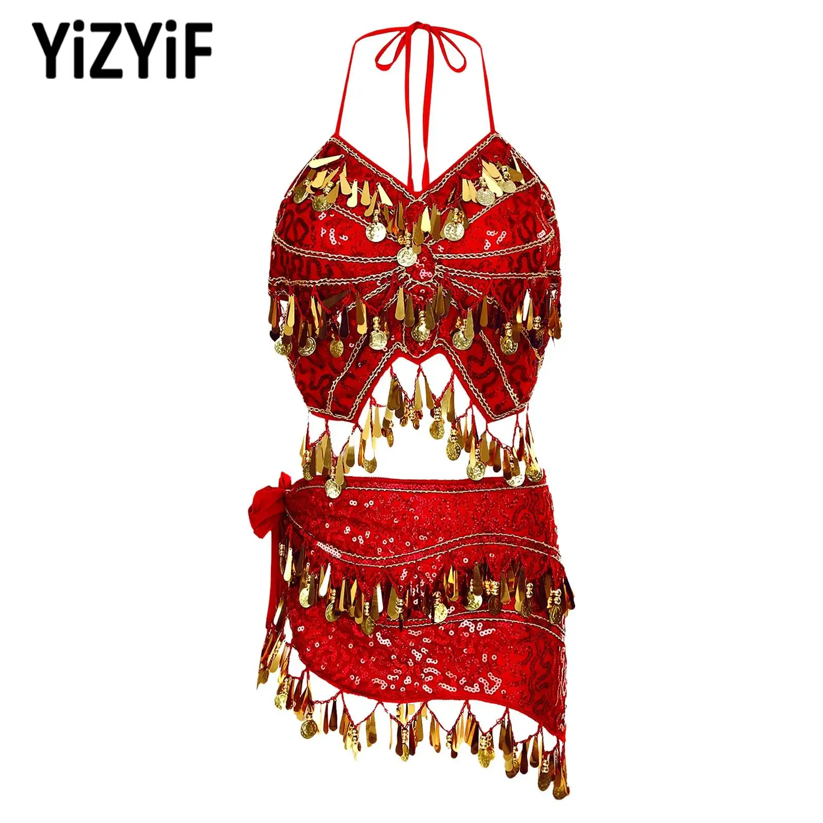 

Belly Dance Outfits Womens Sexy Carnival Performance Halloween Costume Set Sequins Crop Top with Plastic Beads Tassels Hip Scarf