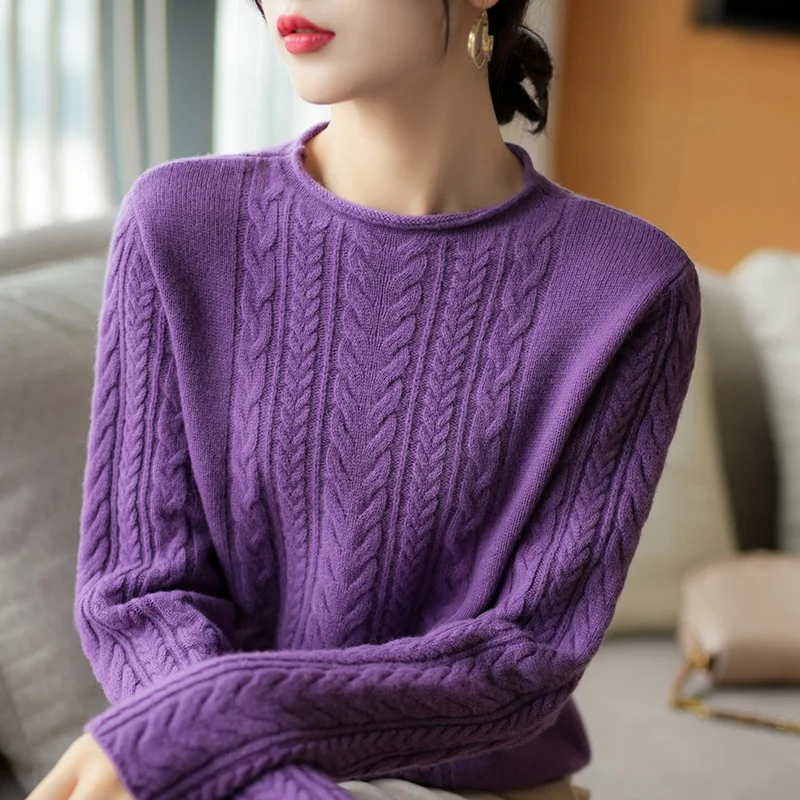 

Autumn and Winter New 100% Pure Woolen Sweater Women's Curly Round Neck Pullover Solid Color Twisted Flower Undercoat Sweater