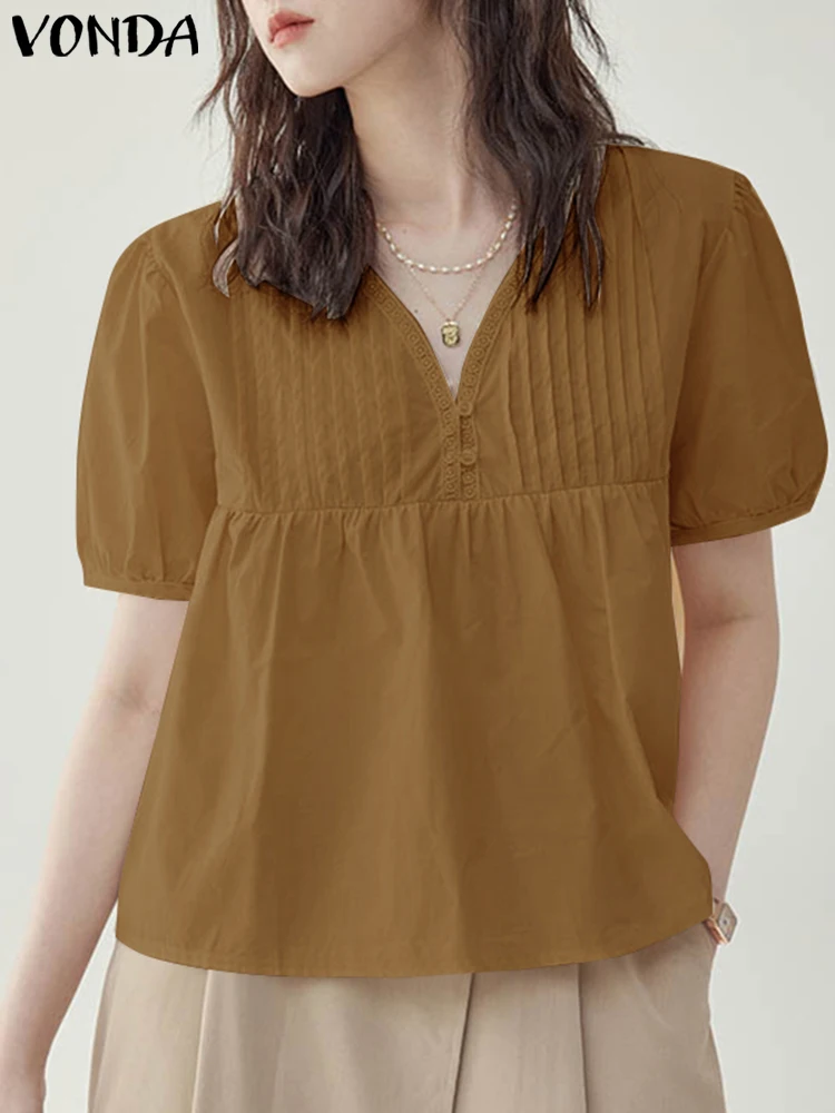 

VONDA Fashion Tops Short Sleeve Women V-Neck Casual Solid Color Shirts 2024 Summer Elegant Pleated Blouses OL Blusas Femininas