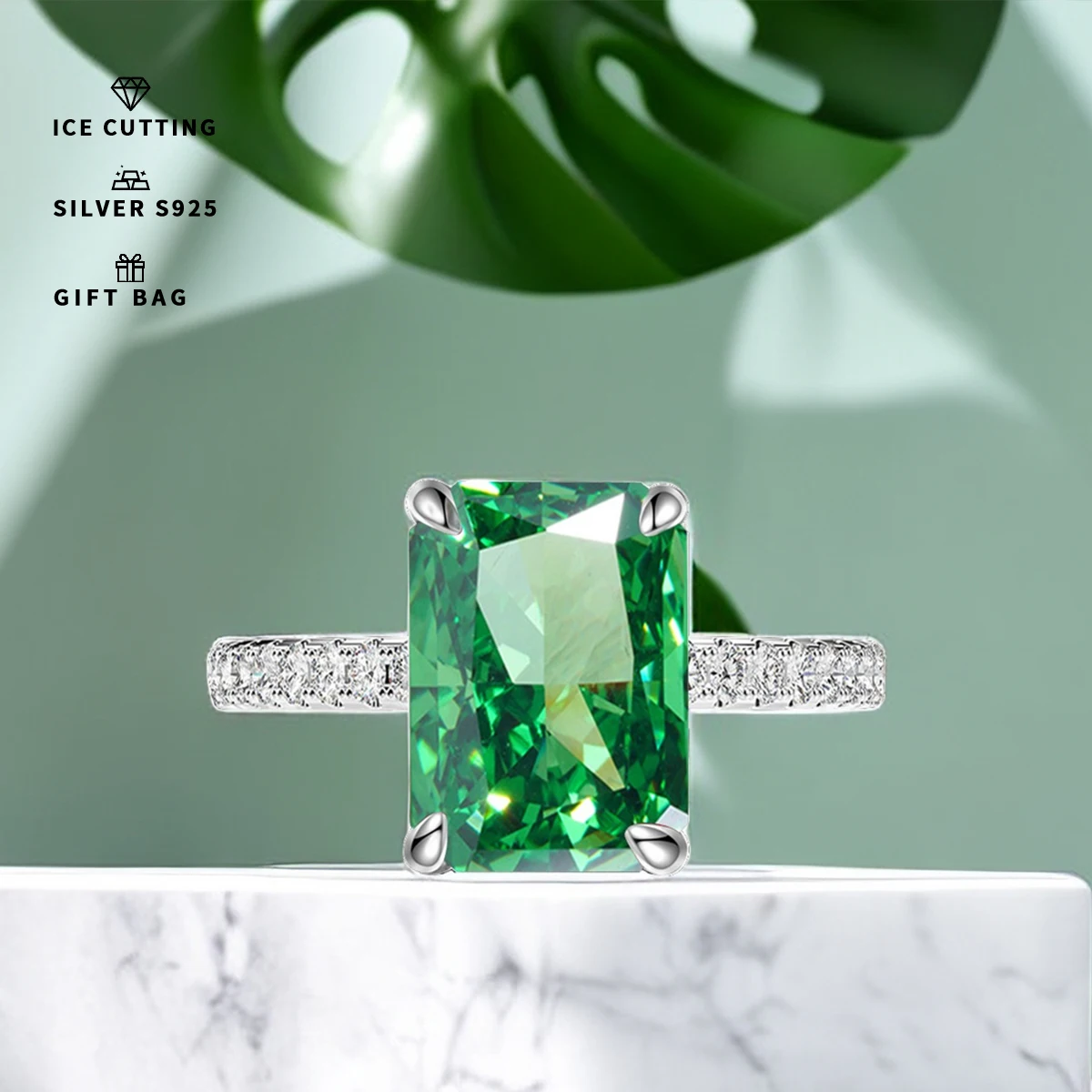 S925 Sterling Silver plated platinum and golden Quality Green rectangular Zircon Sparkle Ice Cut rings for women fine jewellry