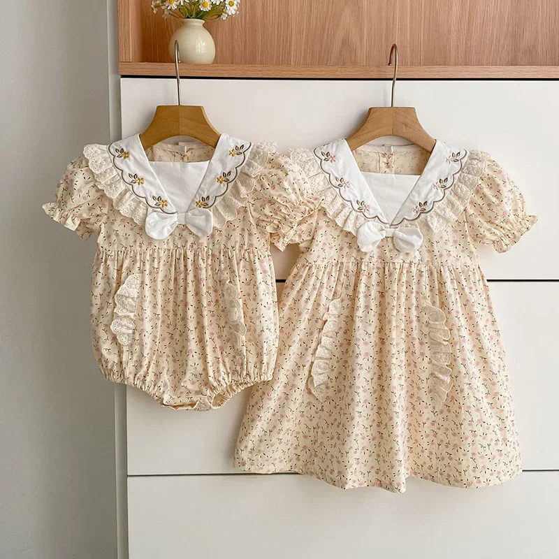 2026 New Summer Sister Clothing 2-6Yrs Girl Party Dress Short Sleeved Cotton Printed Splicing Infant Romper Kids Princess Dress