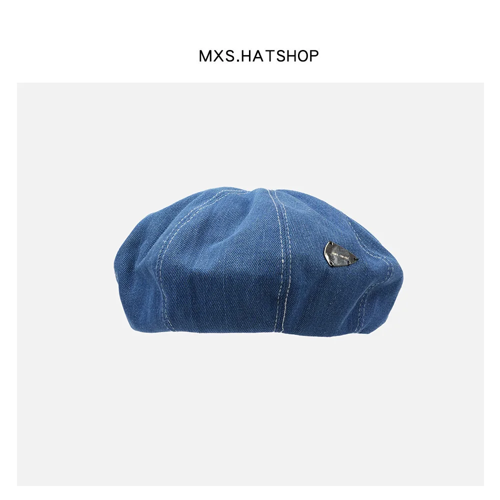 Casual Korean Style Denim Beret Hat Women's Artistic Leisure Versatile Blue Painter Cap Retro Metal Logo Design Streetwear